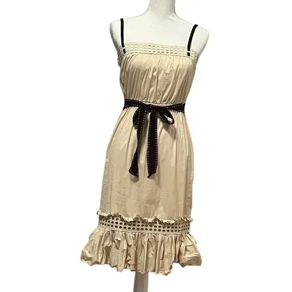 BCBGMaxAzria | Dresses | Bcbgmaxazria Mini Dress Womens 4 Tan Ruffle Belt  Eyelet Cowgirl Boho Western | Poshmark